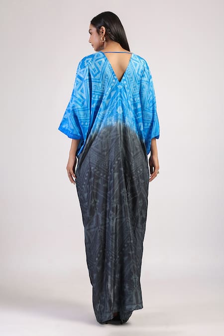 Shop Swati Vijaivargie Black Silk Tribal V Rose Knot Ombre Kaftan Dress at Aza Fashions Shop_Swati Vijaivargie_Black Silk Tribal V Rose Knot Ombre Kaftan Dress _at_Aza_Fashions