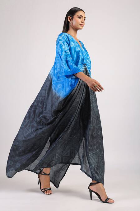Swati Vijaivargie Black Silk Tribal V Rose Knot Ombre Kaftan Dress Online at Aza Fashions Swati Vijaivargie_Black Silk Tribal V Rose Knot Ombre Kaftan Dress _Online_at_Aza_Fashions