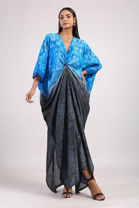 Buy Swati Vijaivargie Black Silk Tribal V Rose Knot Ombre Kaftan Dress Online at Aza Fashions Buy_Swati Vijaivargie_Black Silk Tribal V Rose Knot Ombre Kaftan Dress _Online_at_Aza_Fashions