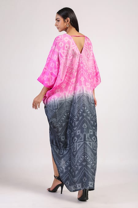 Shop Swati Vijaivargie Black Silk V-neck Rose Knot Ombre Shibori Kaftan Dress at Aza Fashions Shop_Swati Vijaivargie_Black Silk V-neck Rose Knot Ombre Shibori Kaftan Dress _at_Aza_Fashions