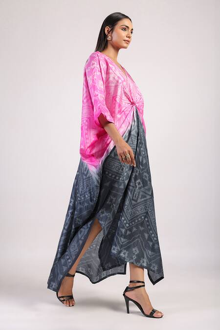 Swati Vijaivargie Black Silk V-neck Rose Knot Ombre Shibori Kaftan Dress Online at Aza Fashions Swati Vijaivargie_Black Silk V-neck Rose Knot Ombre Shibori Kaftan Dress _Online_at_Aza_Fashions