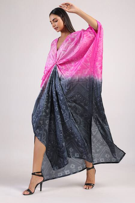 Buy Swati Vijaivargie Black Silk V-neck Rose Knot Ombre Shibori Kaftan Dress Online at Aza Fashions Buy_Swati Vijaivargie_Black Silk V-neck Rose Knot Ombre Shibori Kaftan Dress _Online_at_Aza_Fashions