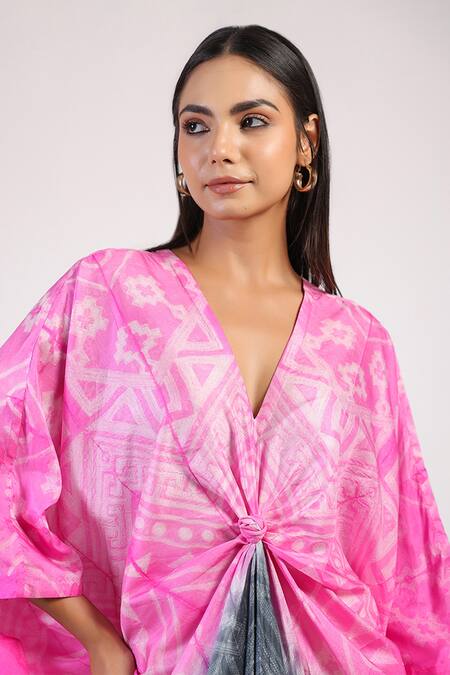 Shop Swati Vijaivargie Black Silk V-neck Rose Knot Ombre Shibori Kaftan Dress Online at Aza Fashions Shop_Swati Vijaivargie_Black Silk V-neck Rose Knot Ombre Shibori Kaftan Dress _Online_at_Aza_Fashions