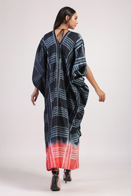 Shop_Swati Vijaivargie_Black Silk V-neck Ombre Shibori Kaftan Dress _at_Aza_Fashions