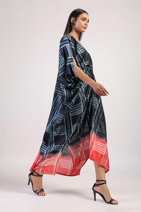Swati Vijaivargie_Black Silk V-neck Ombre Shibori Kaftan Dress _Online_at_Aza_Fashions