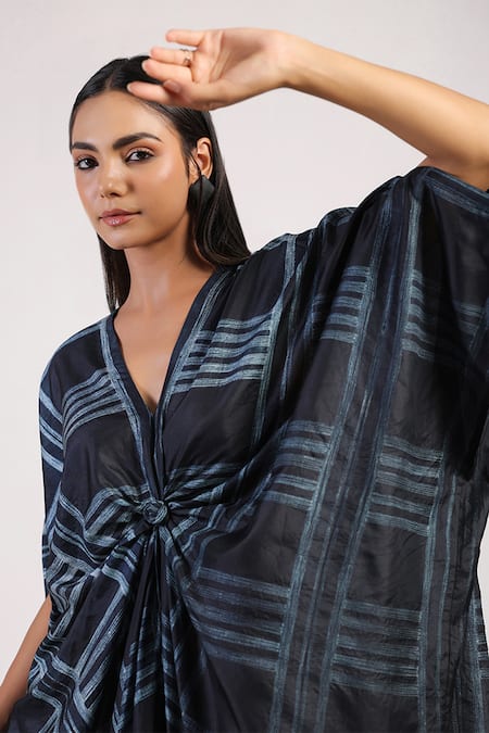 Buy_Swati Vijaivargie_Black Silk V-neck Ombre Shibori Kaftan Dress _Online_at_Aza_Fashions