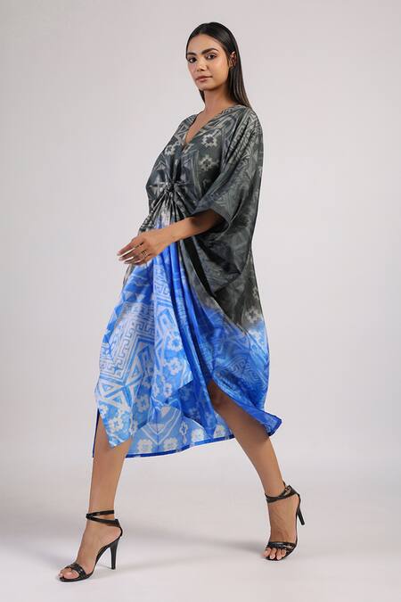Buy Swati Vijaivargie Black Silk V-neck Tribal Pattern Shibori Kaftan Dress Online at Aza Fashions Buy_Swati Vijaivargie_Black Silk V-neck Tribal Pattern Shibori Kaftan Dress _Online_at_Aza_Fashions