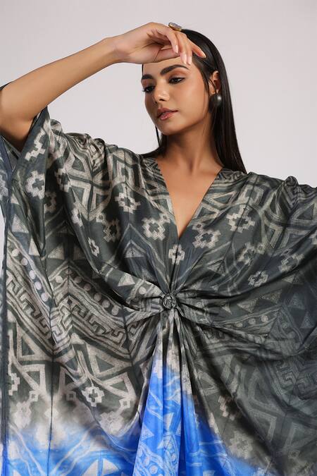 Shop Swati Vijaivargie Black Silk V-neck Tribal Pattern Shibori Kaftan Dress Online at Aza Fashions Shop_Swati Vijaivargie_Black Silk V-neck Tribal Pattern Shibori Kaftan Dress _Online_at_Aza_Fashions