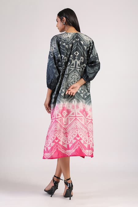 Shop_Swati Vijaivargie_Black Silk Embroidery Round Neck Tribal Pattern Ombre Shibori Dress _at_Aza_Fashions