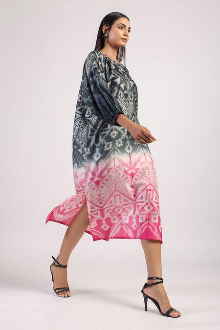 Swati Vijaivargie_Black Silk Embroidery Round Neck Tribal Pattern Ombre Shibori Dress _Online_at_Aza_Fashions