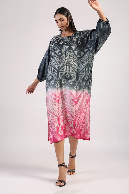 Buy_Swati Vijaivargie_Black Silk Embroidery Round Neck Tribal Pattern Ombre Shibori Dress _Online_at_Aza_Fashions