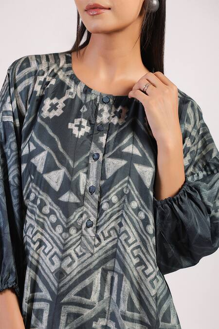 Shop_Swati Vijaivargie_Black Silk Embroidery Round Neck Tribal Pattern Ombre Shibori Dress _Online_at_Aza_Fashions