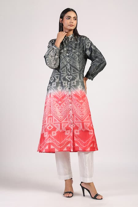 Shop_Swati Vijaivargie_Black Silk Bandeau Neck Tribal Pattern Ombre Kurta With Pant _Online_at_Aza_Fashions