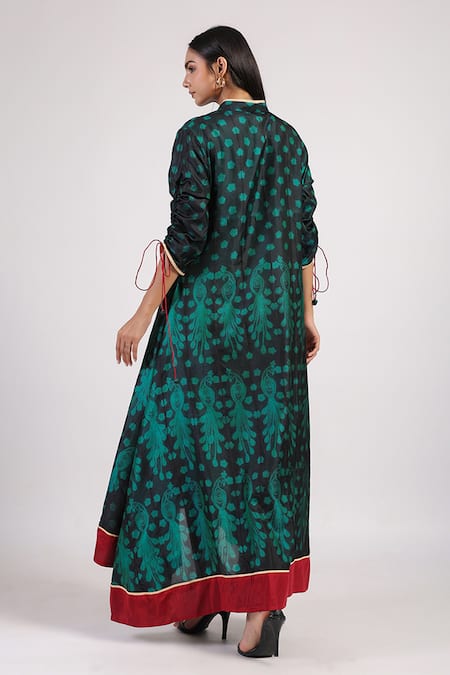 Shop_Swati Vijaivargie_Black Silk Tassels Mandarin Collar Contrast Hem Asymmetric Dress _at_Aza_Fashions