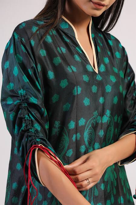 Buy_Swati Vijaivargie_Black Silk Tassels Mandarin Collar Contrast Hem Asymmetric Dress _Online_at_Aza_Fashions