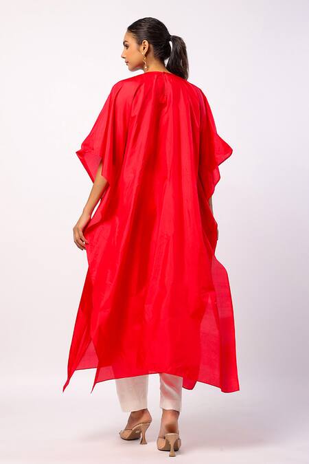 Shop_Swati Vijaivargie_Red Silk Embroidery Round Neck Resham Kaftan With Solid Pant _at_Aza_Fashions