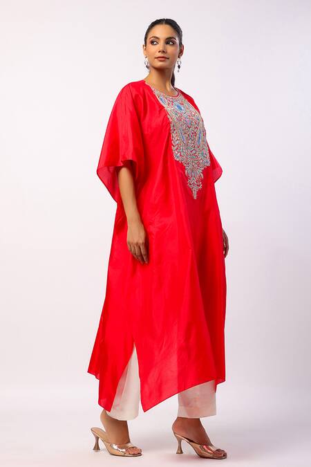 Shop_Swati Vijaivargie_Red Silk Embroidery Round Neck Resham Kaftan With Solid Pant _Online_at_Aza_Fashions
