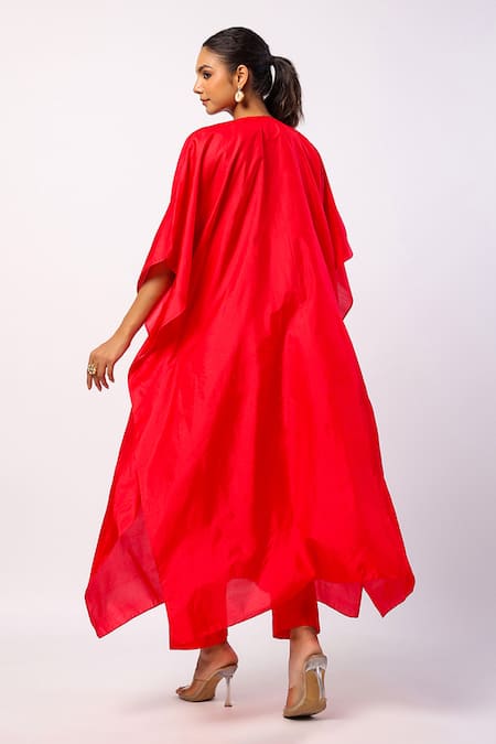 Shop_Swati Vijaivargie_Red Silk Embroidery Round Neck Resham Kaftan And Pant Set _at_Aza_Fashions