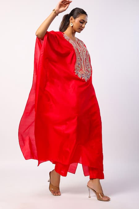 Shop_Swati Vijaivargie_Red Silk Embroidery Round Neck Resham Kaftan And Pant Set _Online_at_Aza_Fashions