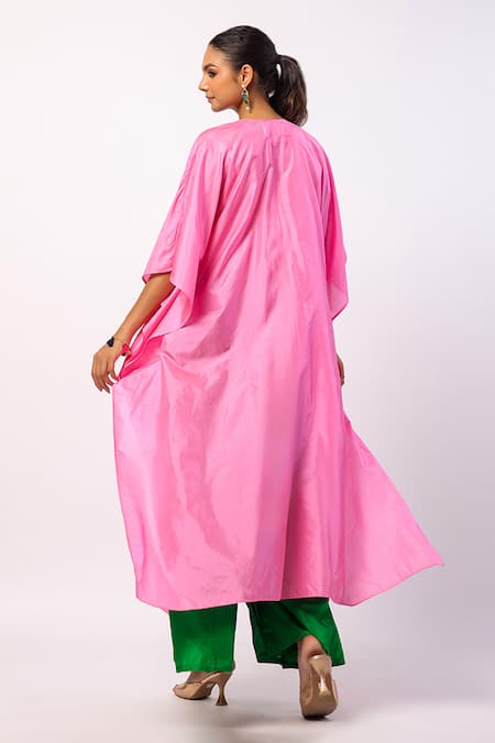 Shop_Swati Vijaivargie_Pink Silk Embroidery Round Neck Resham Kaftan With Gharara _at_Aza_Fashions