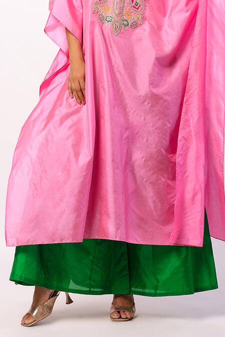 Shop Swati Vijaivargie Pink Silk Embroidery Round Neck Resham Kaftan With Gharara Online at Aza Fashions Shop_Swati Vijaivargie_Pink Silk Embroidery Round Neck Resham Kaftan With Gharara _Online_at_Aza_Fashions