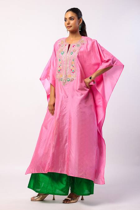 Swati Vijaivargie_Pink Silk Embroidery Round Neck Resham Kaftan With Gharara _at_Aza_Fashions