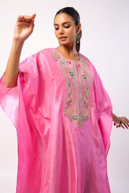 Buy_Swati Vijaivargie_Pink Silk Embroidery Round Neck Resham Kaftan With Gharara 