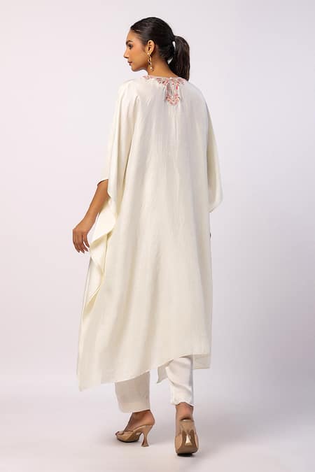 Shop_Swati Vijaivargie_Ivory Silk Embroidery Round Neck Resham Kaftan And Straight Pant Set _at_Aza_Fashions