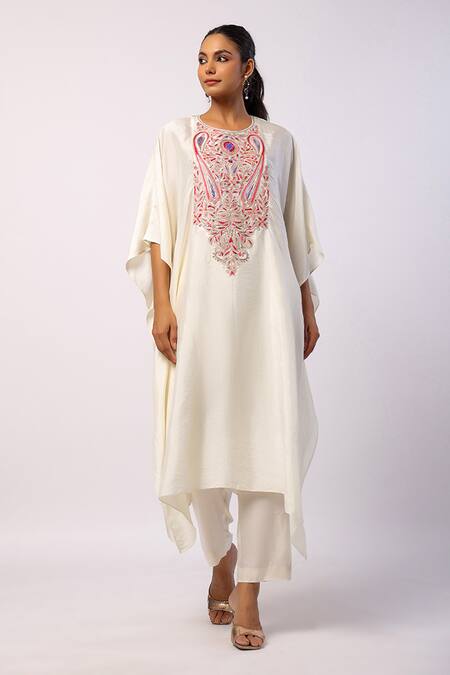 Buy_Swati Vijaivargie_Ivory Silk Embroidery Round Neck Resham Kaftan And Straight Pant Set _Online_at_Aza_Fashions