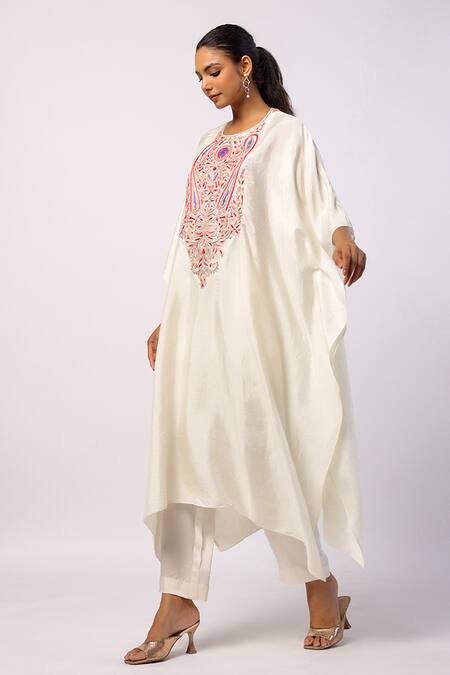Shop_Swati Vijaivargie_Ivory Silk Embroidery Round Neck Resham Kaftan And Straight Pant Set _Online_at_Aza_Fashions