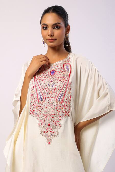 Shop_Swati Vijaivargie_Ivory Silk Embroidery Round Neck Resham Kaftan And Straight Pant Set 