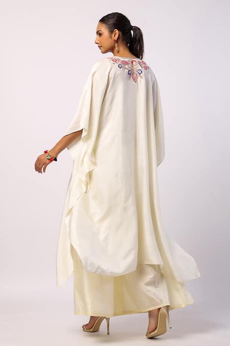 Shop_Swati Vijaivargie_Ivory Silk Embroidery Round Neck Resham Kaftan And Gharara Set _at_Aza_Fashions