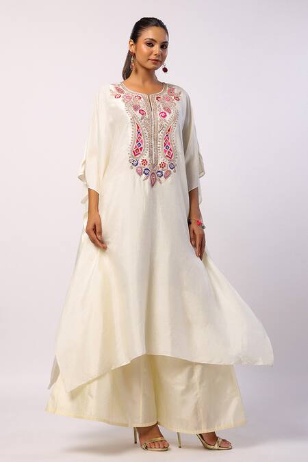 Buy_Swati Vijaivargie_Ivory Silk Embroidery Round Neck Resham Kaftan And Gharara Set _Online_at_Aza_Fashions