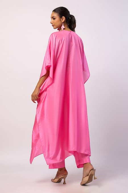 Shop_Swati Vijaivargie_Pink Silk Embroidery Round Neck Paisley Kaftan With Pant _at_Aza_Fashions