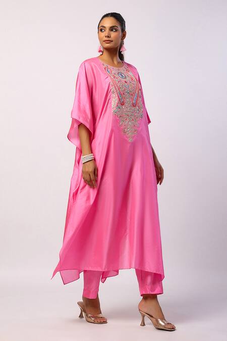 Shop_Swati Vijaivargie_Pink Silk Embroidery Round Neck Paisley Kaftan With Pant _Online_at_Aza_Fashions