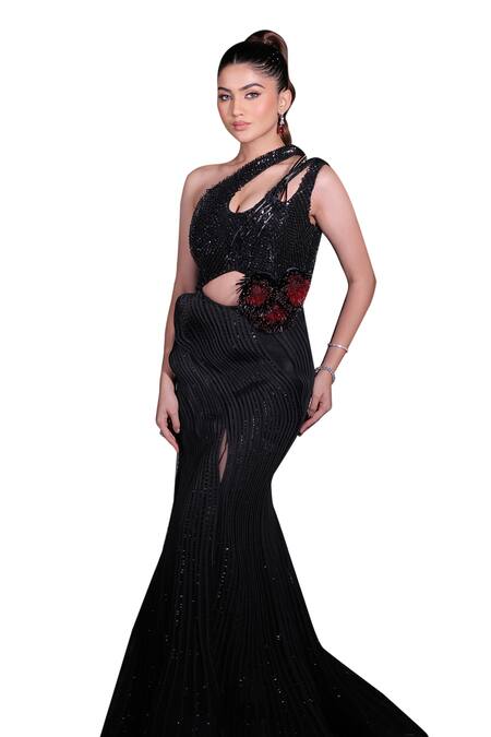 Mireya Sanya_Black Net Sequins One Shoulder Cutout Embroidered Gown _at_Aza_Fashions