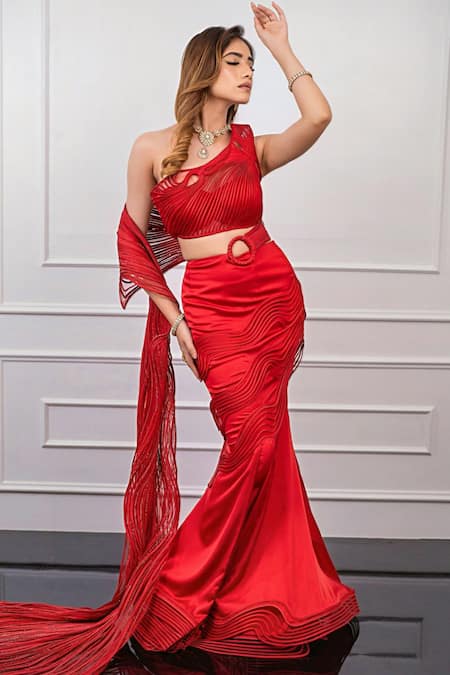 Mireya Sanya Red Satin Sculpted Wire One-shoulder Pre-draped Saree With Blouse 