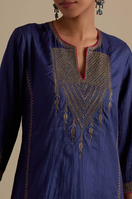 Kora_Blue , Organza Sequins, Gota Patti, Embroidery, Zari Kurta Pant Set _Online_at_Aza_Fashions