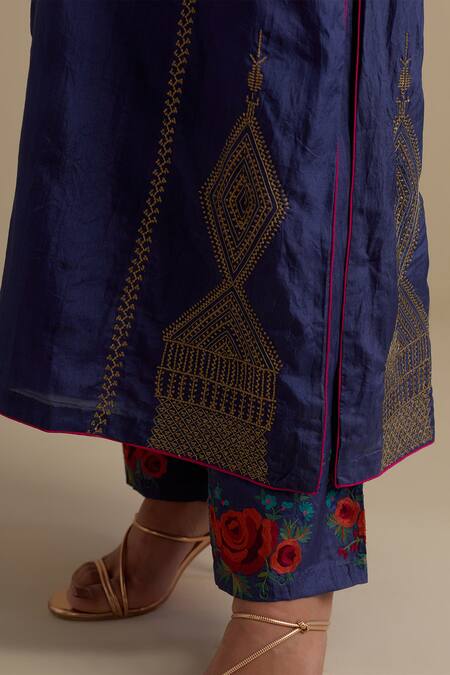 Buy_Kora_Blue , Organza Sequins, Gota Patti, Embroidery, Zari Kurta Pant Set _Online_at_Aza_Fashions
