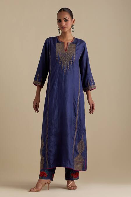 Shop_Kora_Blue , Organza Sequins, Gota Patti, Embroidery, Zari Kurta Pant Set _Online_at_Aza_Fashions