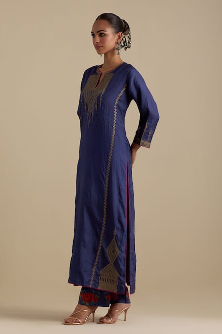 Kora_Blue , Organza Sequins, Gota Patti, Embroidery, Zari Kurta Pant Set _at_Aza_Fashions
