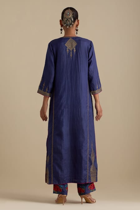 Shop_Kora_Blue , Organza Sequins, Gota Patti, Embroidery, Zari Kurta Pant Set _at_Aza_Fashions