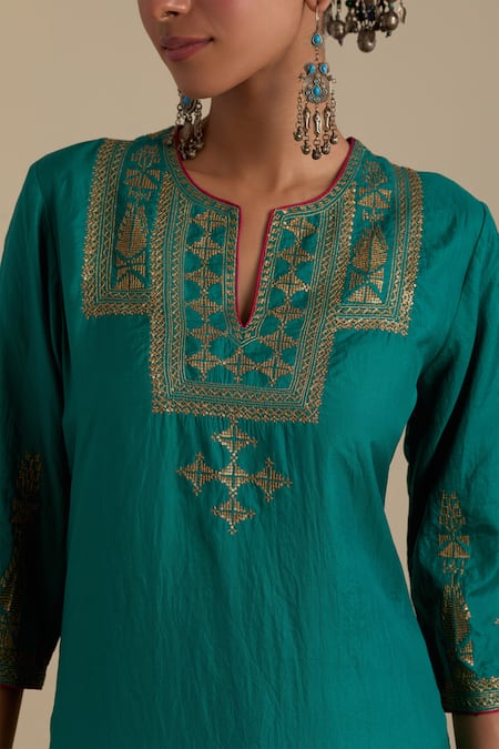 Kora_Green , Organza Sequins, Embroidery, Gota Patti, Zari Kurta Pant Set _Online_at_Aza_Fashions