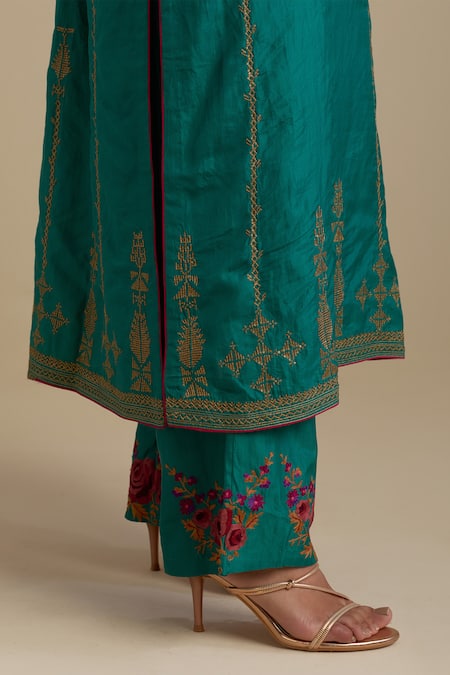 Buy_Kora_Green , Organza Sequins, Embroidery, Gota Patti, Zari Kurta Pant Set _Online_at_Aza_Fashions