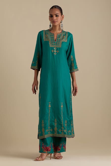 Shop_Kora_Green , Organza Sequins, Embroidery, Gota Patti, Zari Kurta Pant Set _Online_at_Aza_Fashions