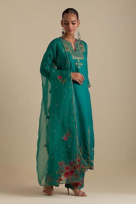 Kora_Green , Organza Sequins, Embroidery, Gota Patti, Zari Kurta Pant Set _at_Aza_Fashions