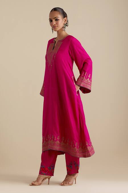 Shop Kora Fuchsia , Organza Zari, Sequins, Gota Patti, A-line Kurta Pant Set Online at Aza Fashions Shop_Kora_Fuchsia , Organza Zari, Sequins, Gota Patti, A-line Kurta Pant Set _Online_at_Aza_Fashions