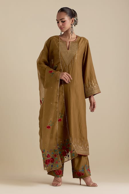 KORA Green Kurta And Pant Silk Embroidered Zari Notched Round A-line Set 