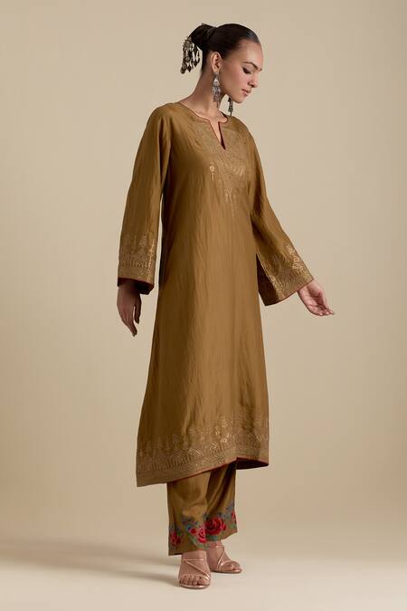Shop_Kora_Green , Organza Sequins, Embroidery, Gota Patti, Zari A-line Kurta Set _Online_at_Aza_Fashions