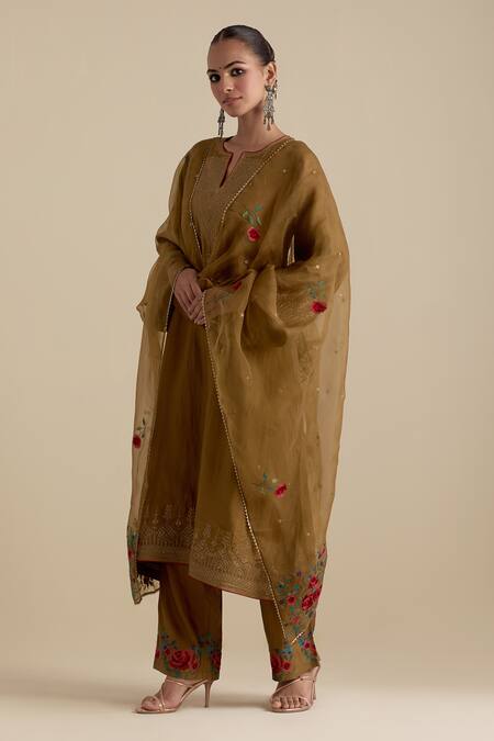 Shop_Kora_Green , Organza Sequins, Embroidery, Gota Patti, Zari A-line Kurta Set 